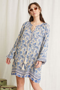 Summer dress color blue. Long sleeves